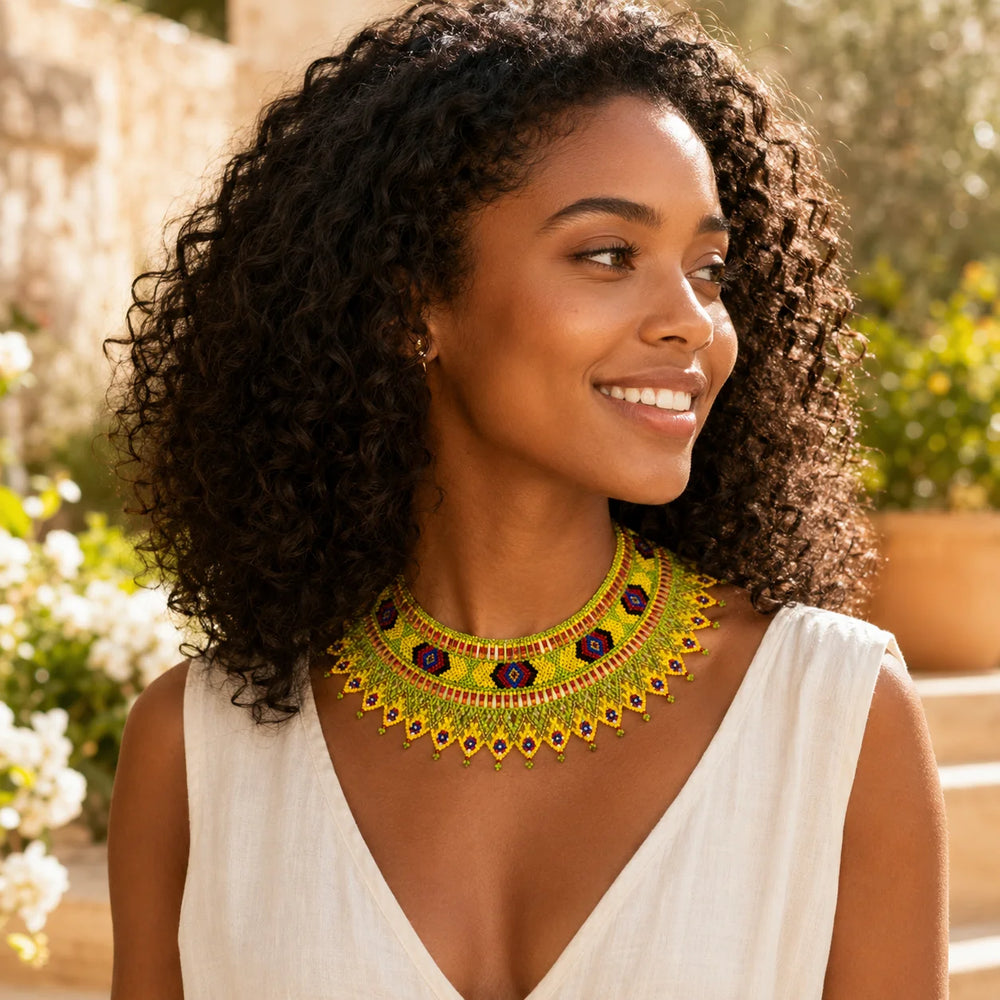Beaded necklace outfit styling