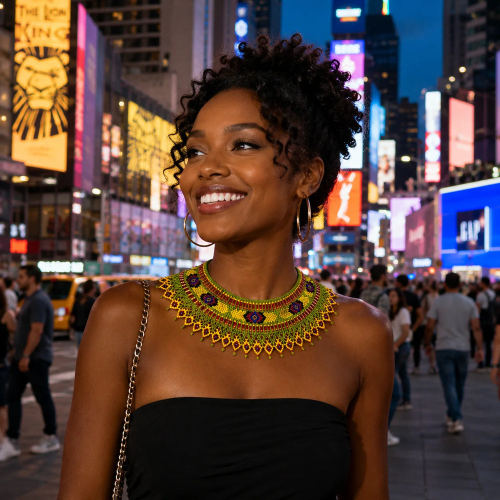 Beaded necklace outfit styling