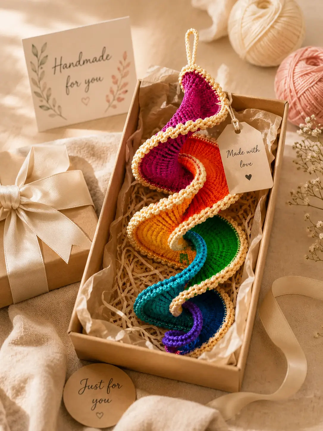 Colorful handmade crochet decoration displayed in a warm modern home