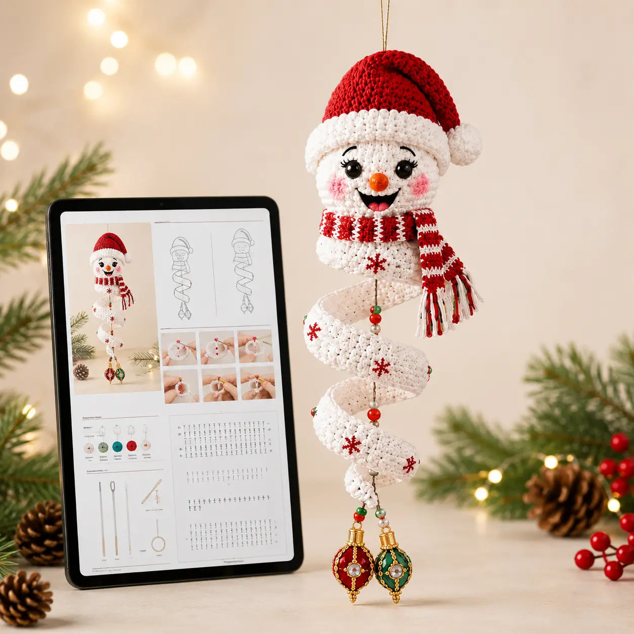 Crochet Snowman Spiral Ornament PDF Pattern – DIY Christmas Hanging Decoration Tutorial