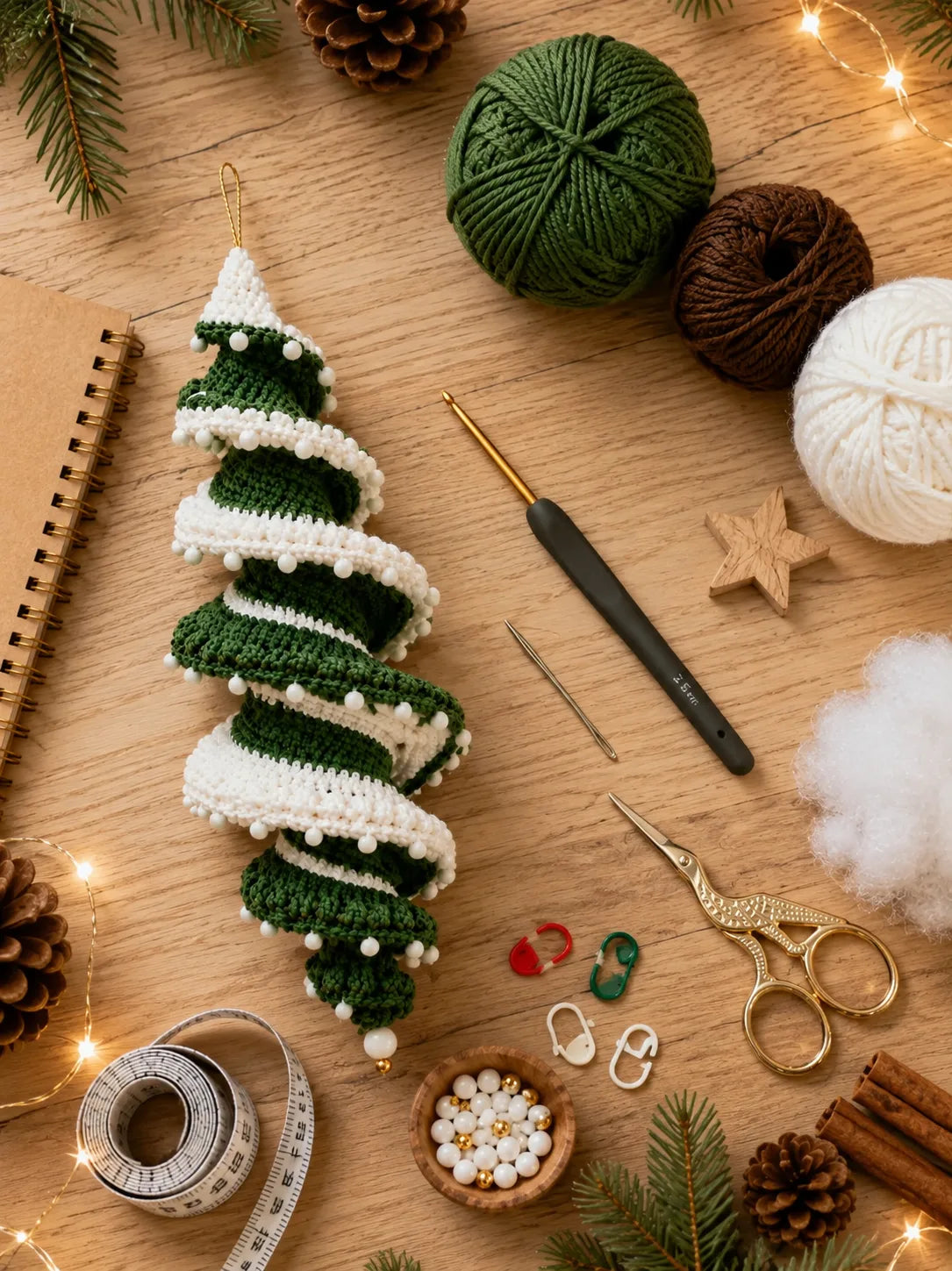 Crochet yarn, hook, scissors, needle and craft materials