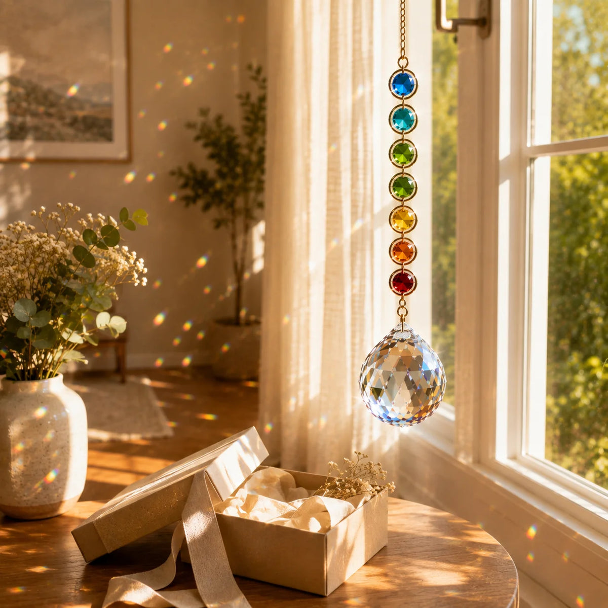 Crystal suncatcher near a sunny window