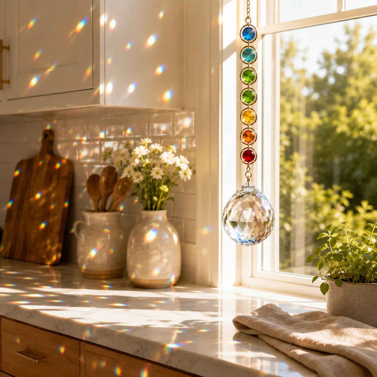 Crystal suncatcher near a sunny window