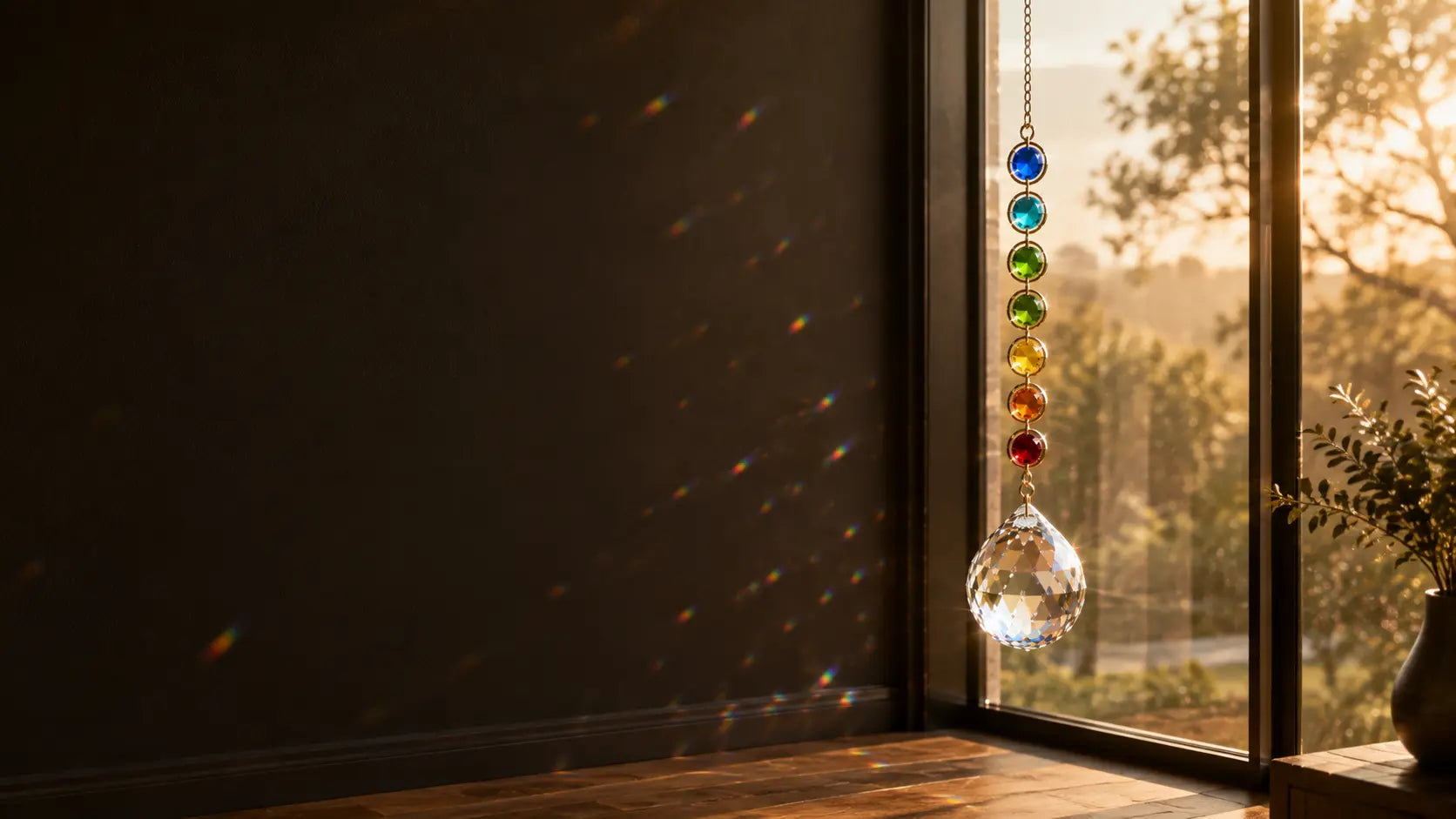 Crystal rainbow suncatcher creating colorful light near a window