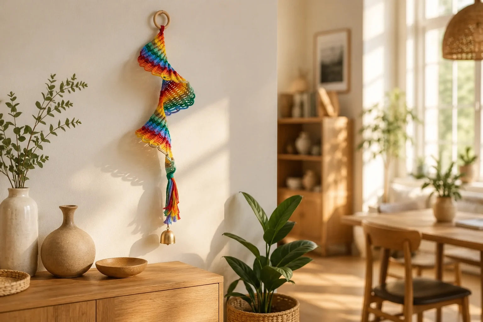 Handwoven boho rainbow macramé wall hanging with decorative bell displayed in a cozy modern home