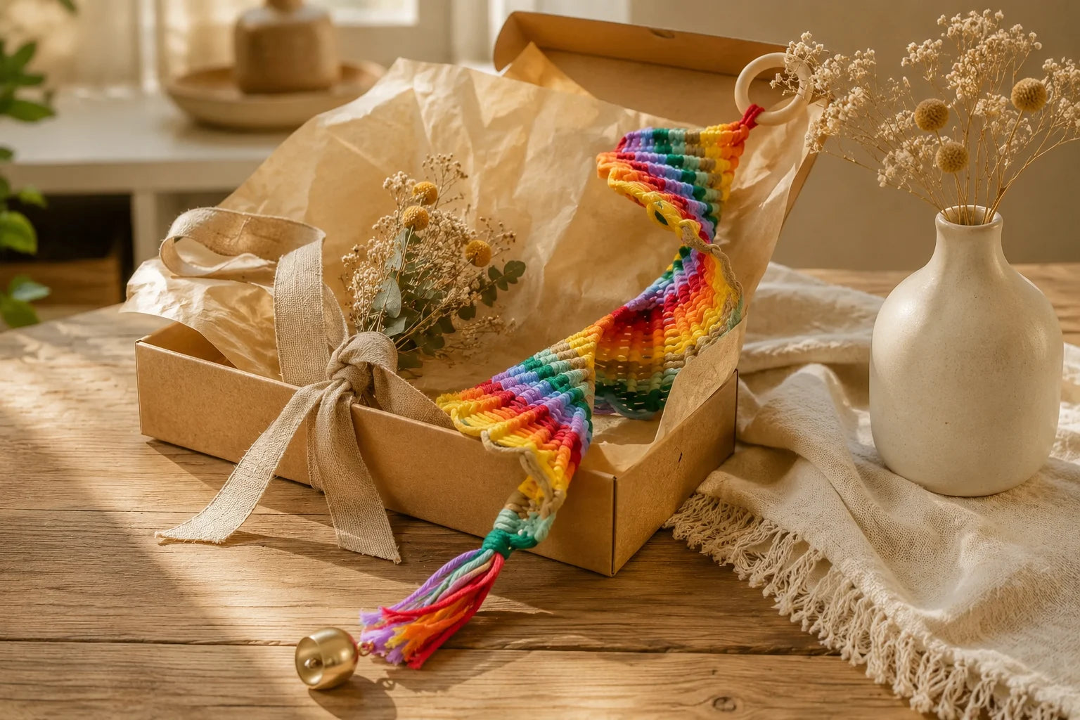 Bohemian rainbow macramé wall hanging handcrafted from cotton cord for home décor
