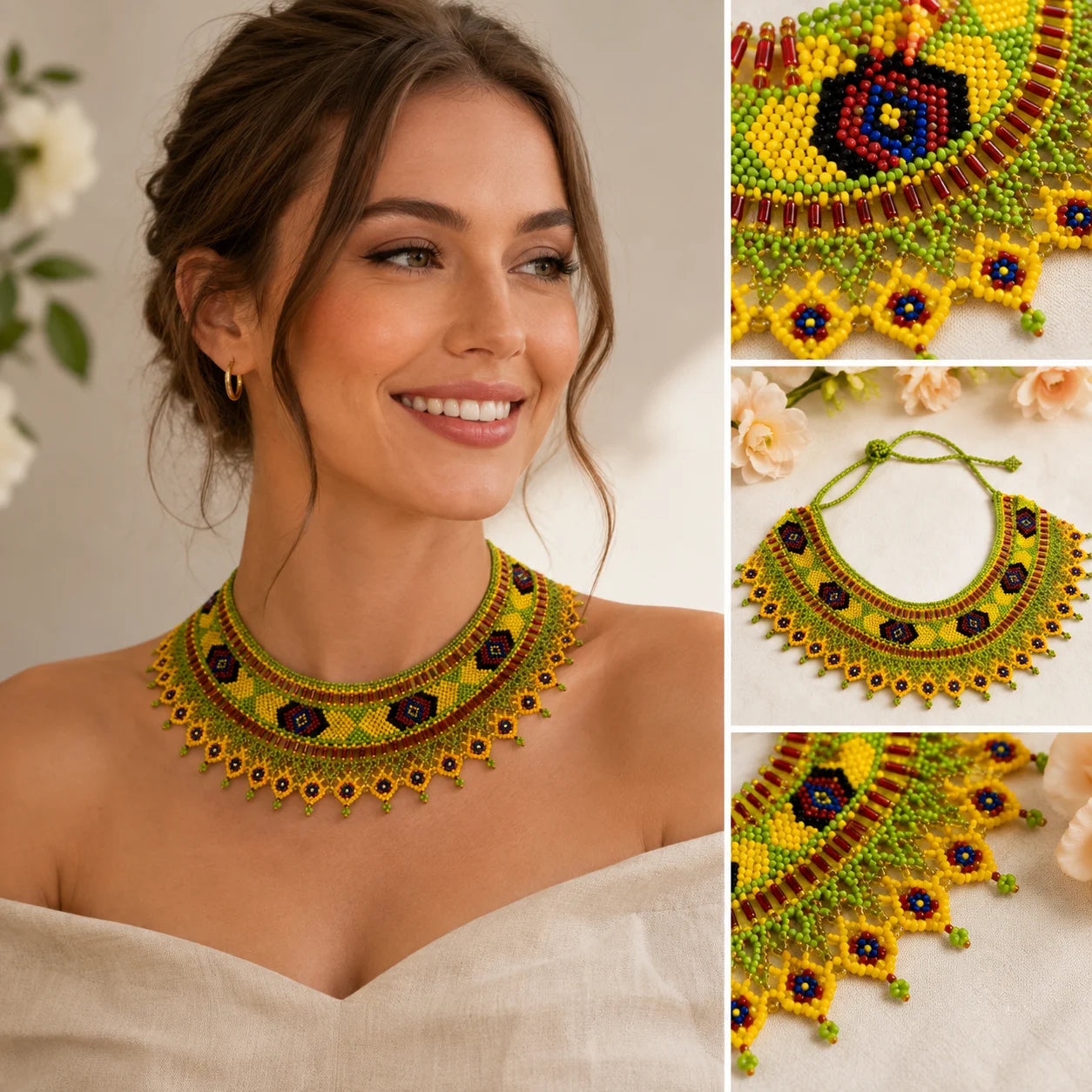 Detailed colorful beadwork on a statement collar necklace