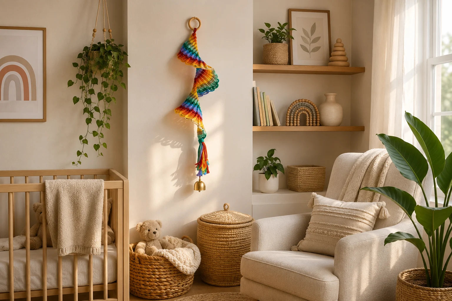 Colorful handmade rainbow macramé wall décor hanging in a nursery with soft cotton rope and bell