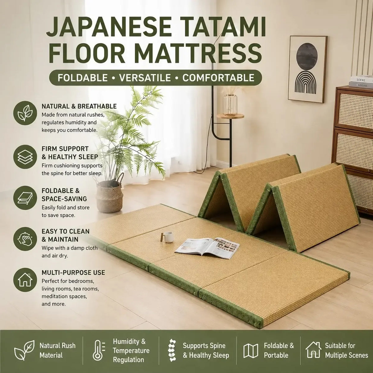 Japanese-Style Folding Tatami Mat – Coconut Fiber Floor Mattress