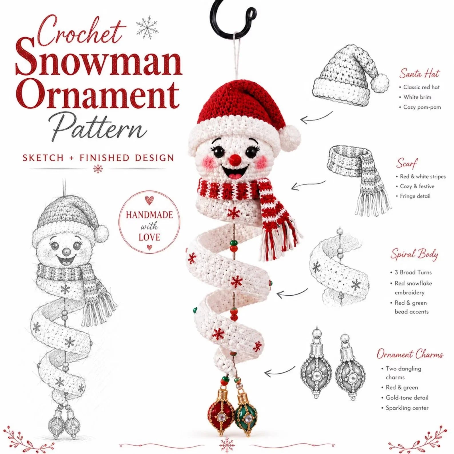 Crochet Snowman Spiral Ornament PDF Pattern – DIY Christmas Hanging Decoration Tutorial