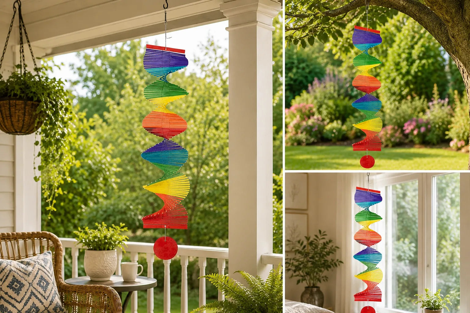 Colorful handmade rainbow macramé wall décor hanging in a nursery with soft cotton rope and bell