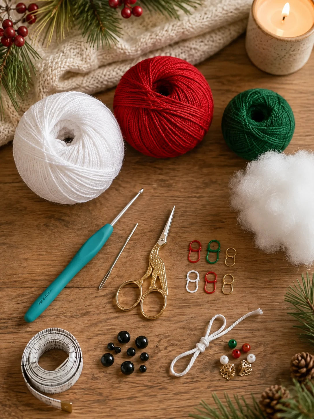 Crochet yarn, hook, scissors, needle and craft materials